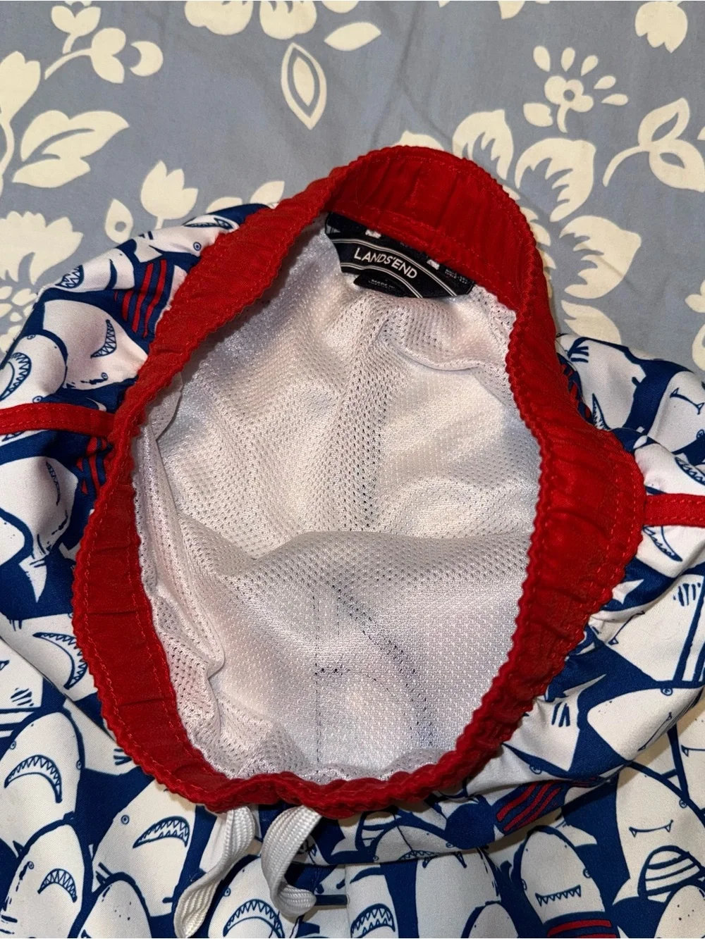 Lands' End Red Waistband Blue Shark Swim Shorts